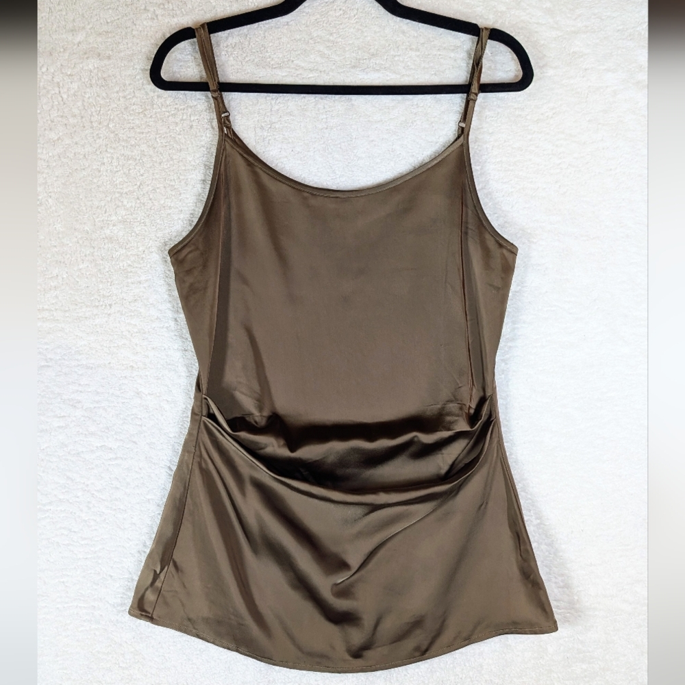 Good American Satin Slip Tank in Olive Brown